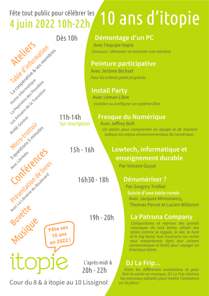 Programme de la fête des 10 ans de la coopérartive itopie informatique à Genève, le 4 juin 2022